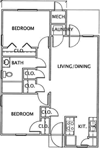 B - Two Bedroom / One Bath - 741 Sq.Ft.*